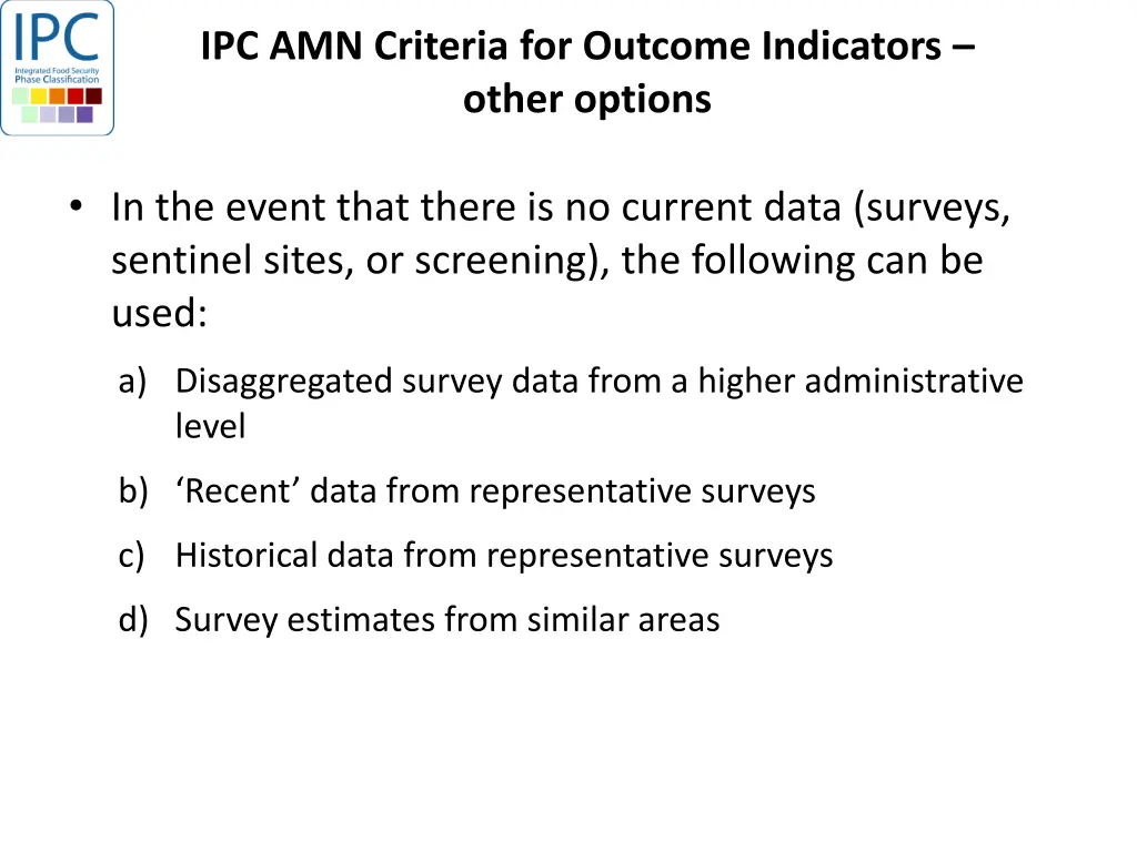 ipc amn criteria for outcome indicators other