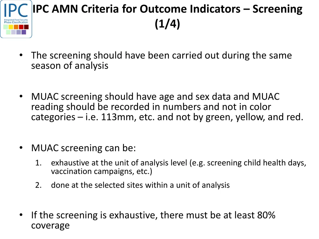 ipc amn criteria for outcome indicators screening