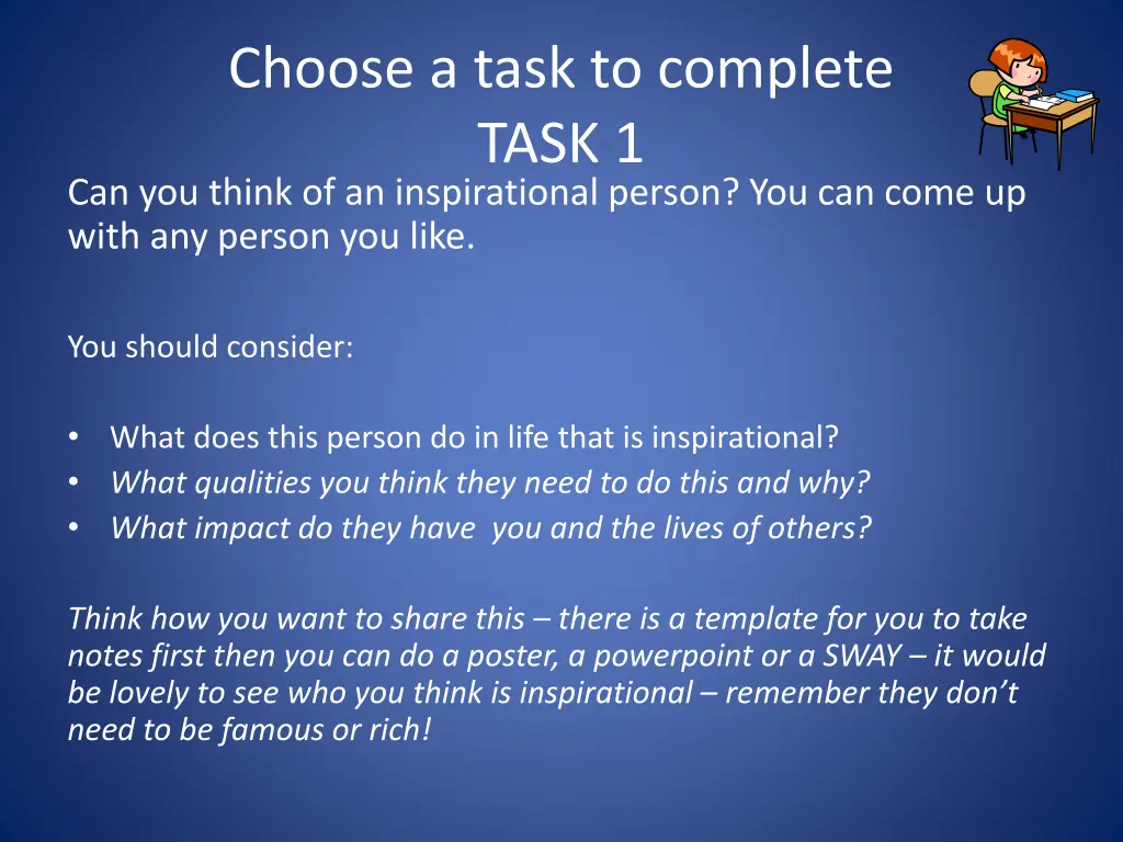 choose a task to complete task 1 can you think