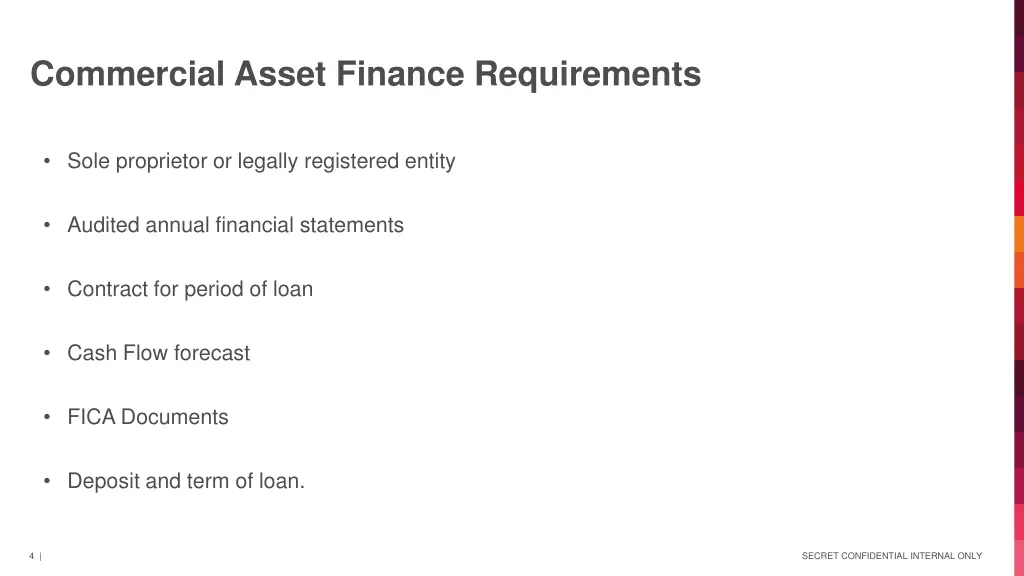 commercial asset finance requirements