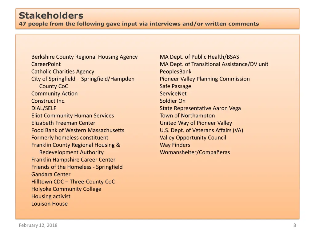 stakeholders 47 people from the following gave