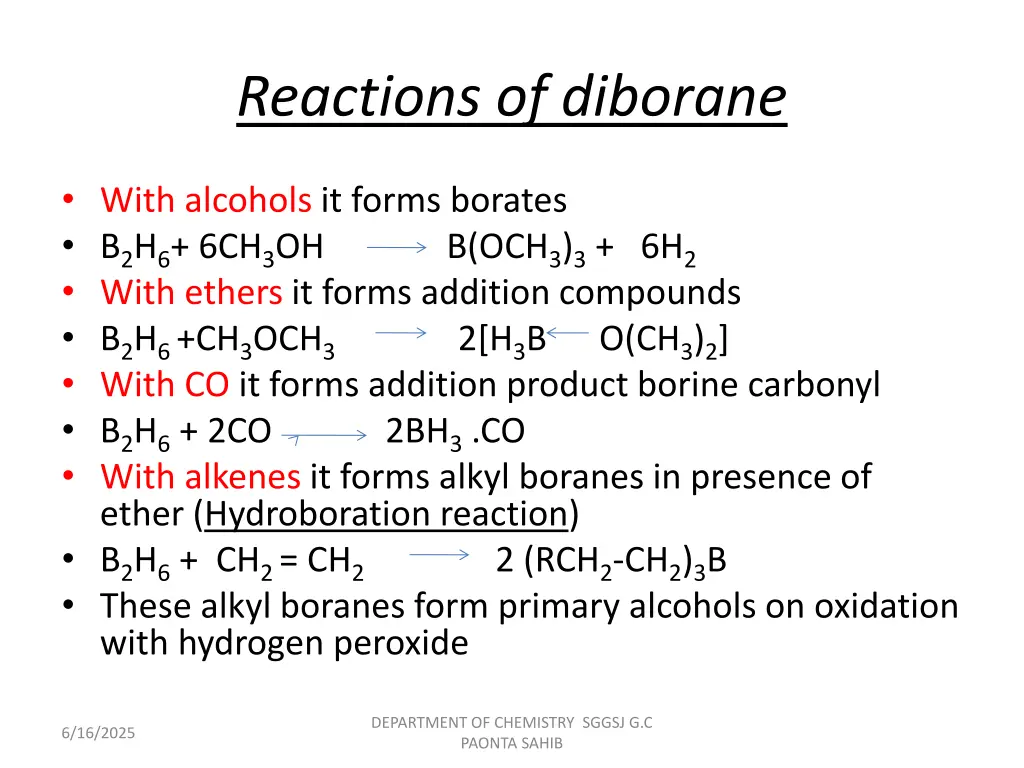 reactions of diborane