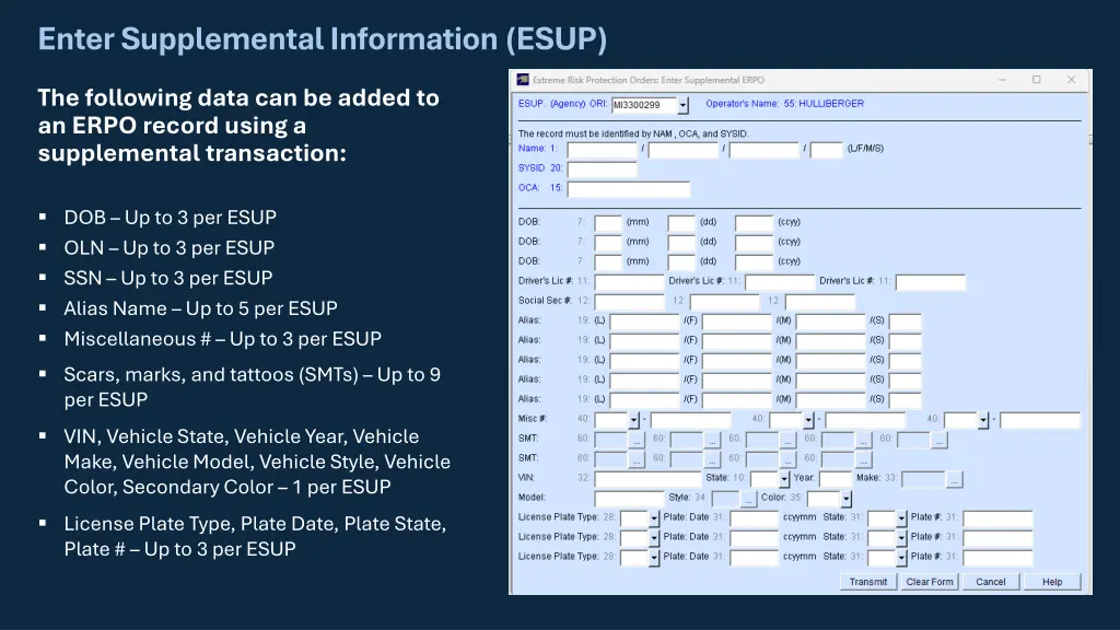 enter supplemental information esup 1