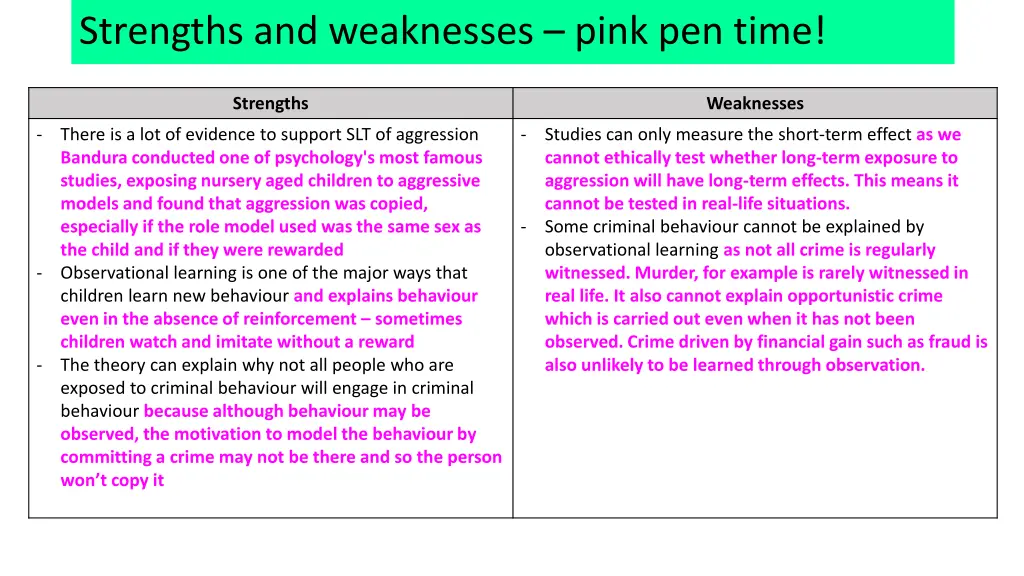strengths and weaknesses pink pen time 1