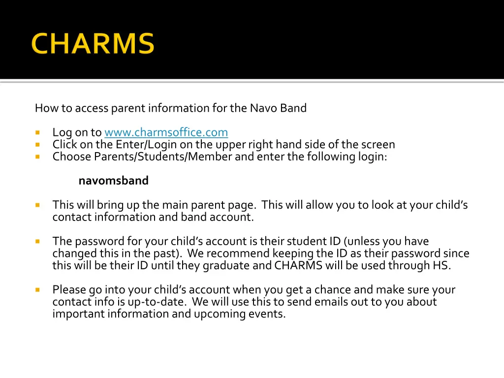 how to access parent information for the navo band 1