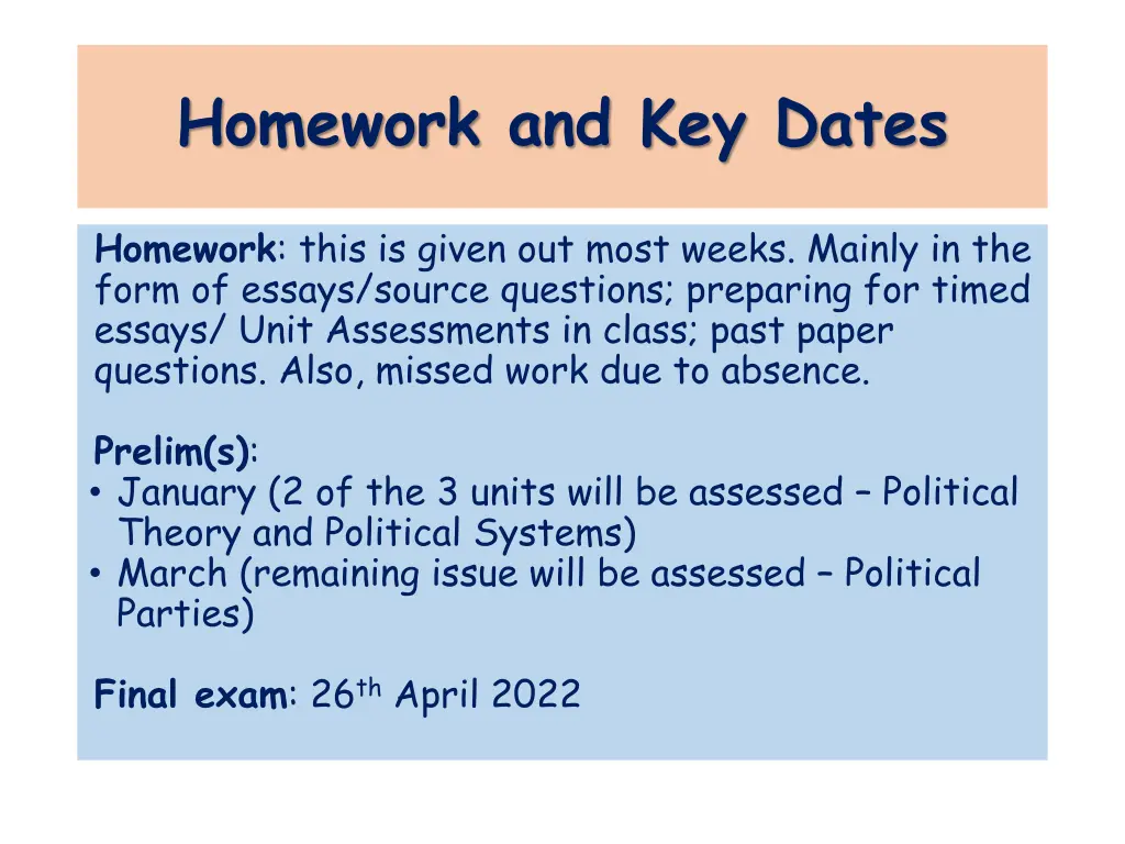 homework and key dates