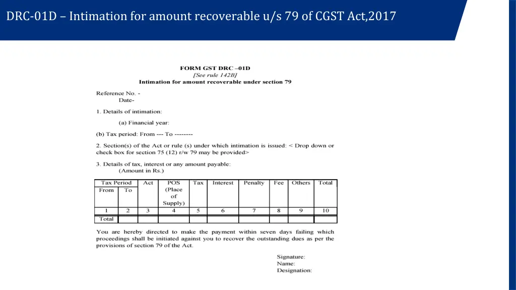 drc 01d intimation for amount recoverable