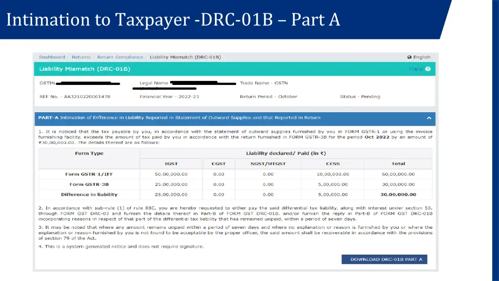 intimation to taxpayer drc 01b part a