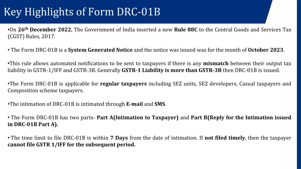 key highlights of form drc 01b
