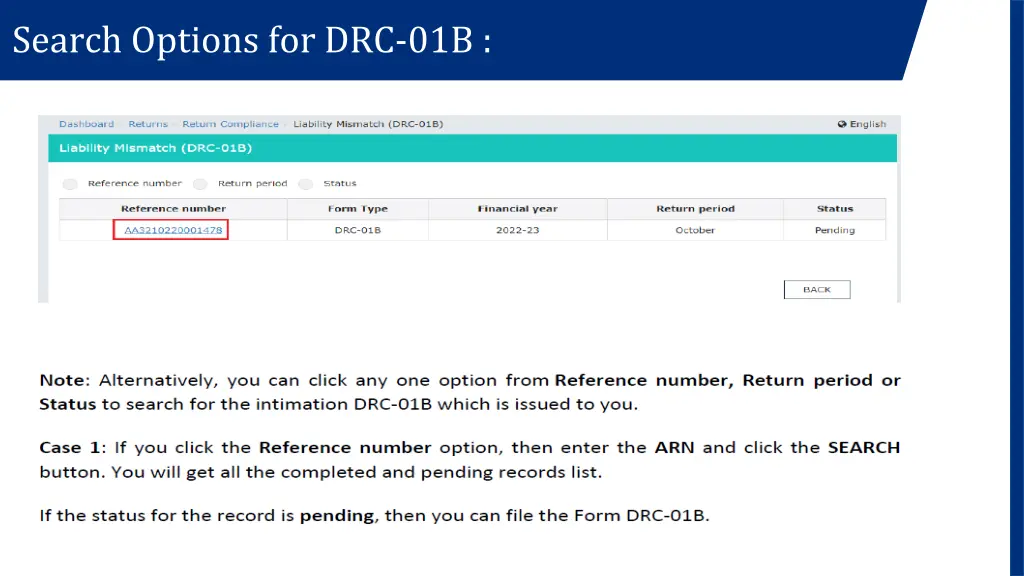 search options for drc 01b