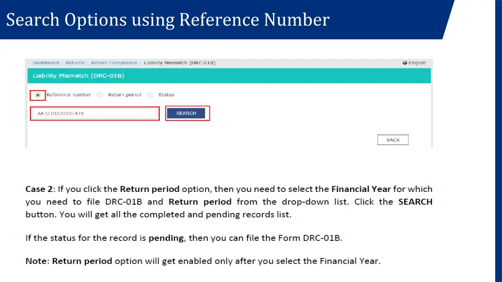 search options using reference number