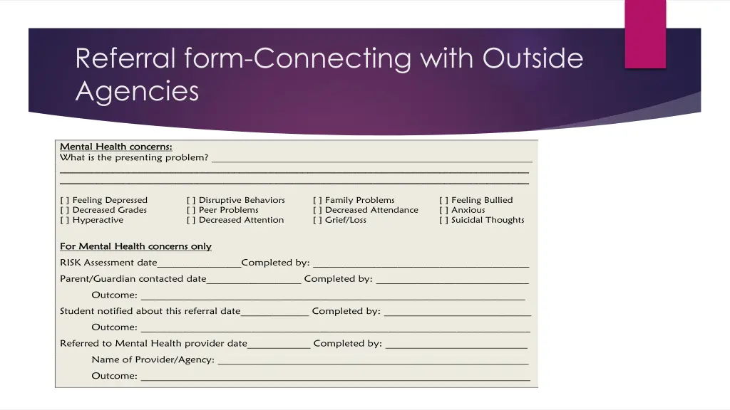 referral form connecting with outside agencies