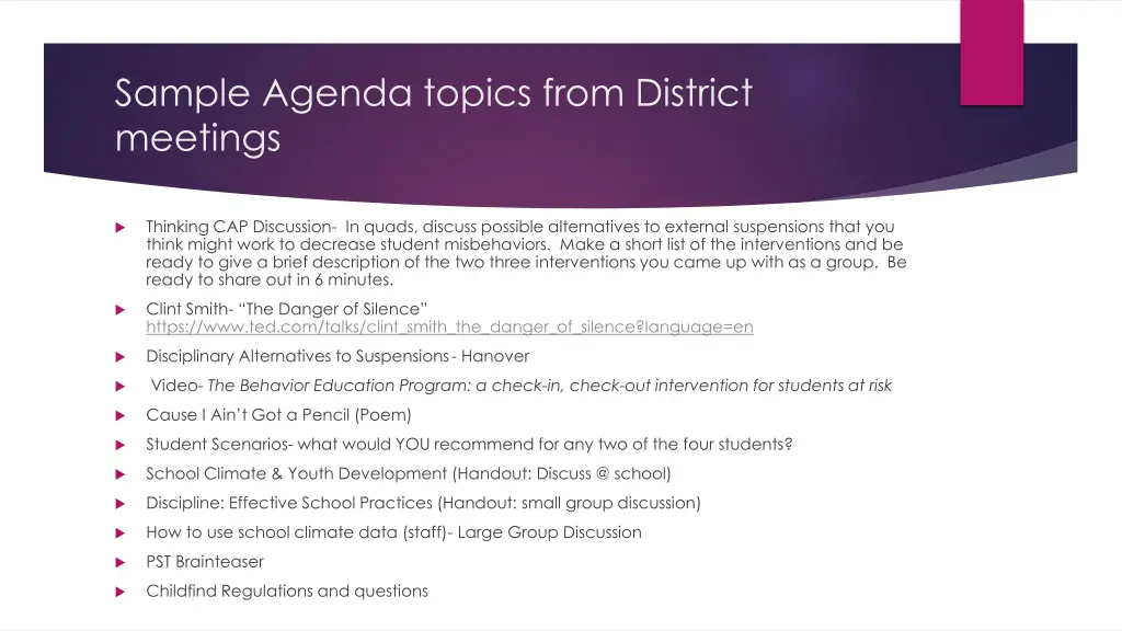 sample agenda topics from district meetings