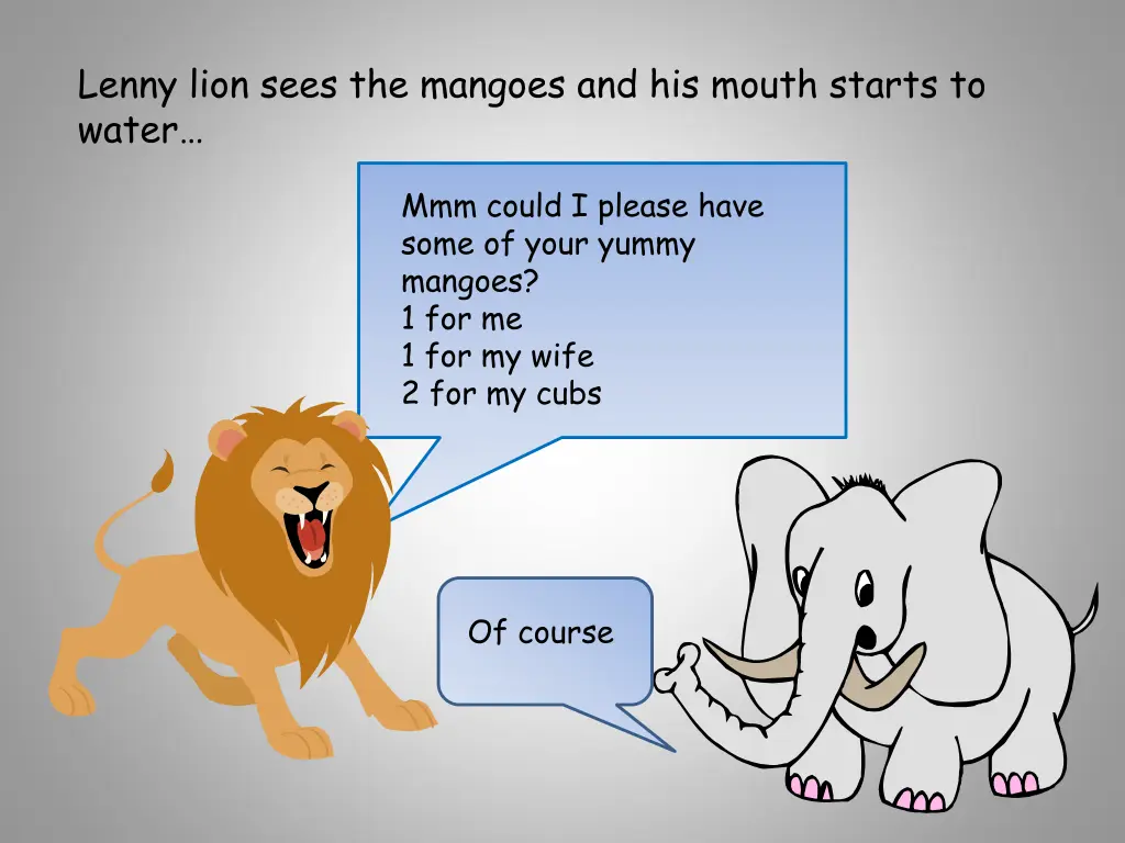 lenny lion sees the mangoes and his mouth starts