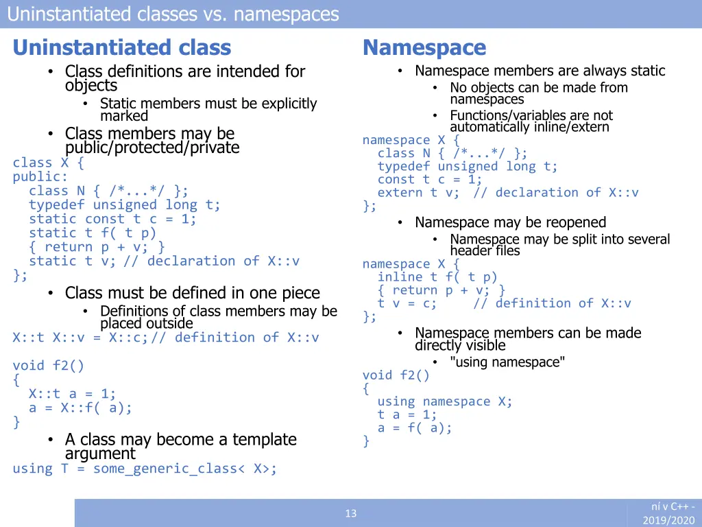 uninstantiated classes vs namespaces