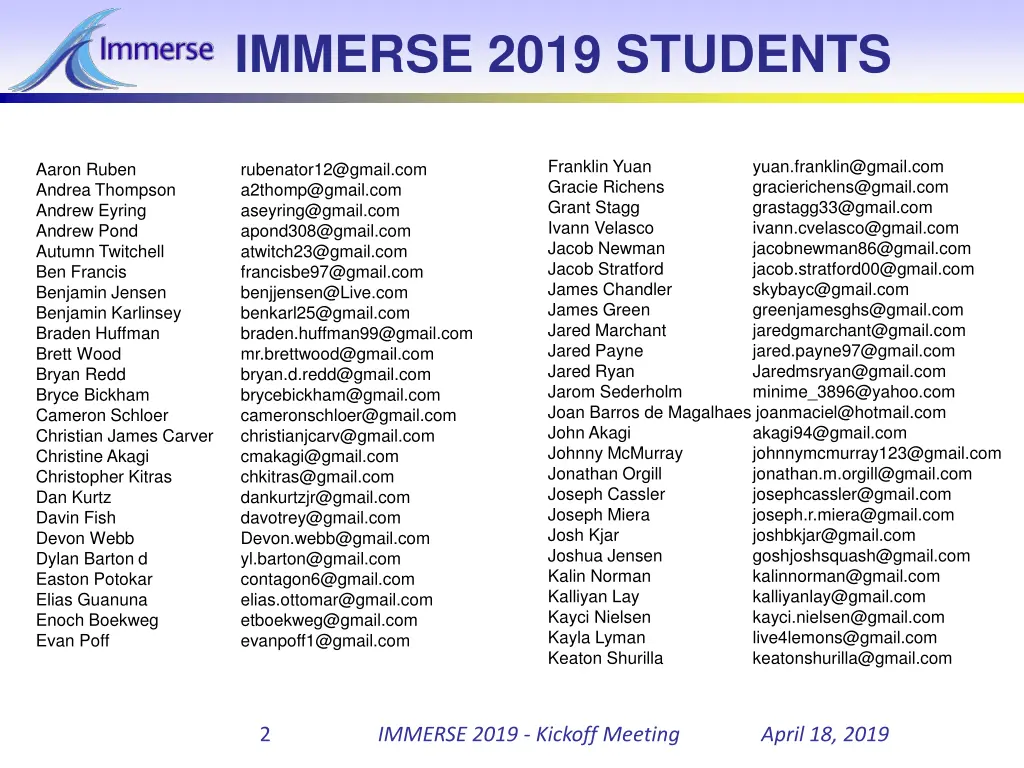 immerse 2019 students