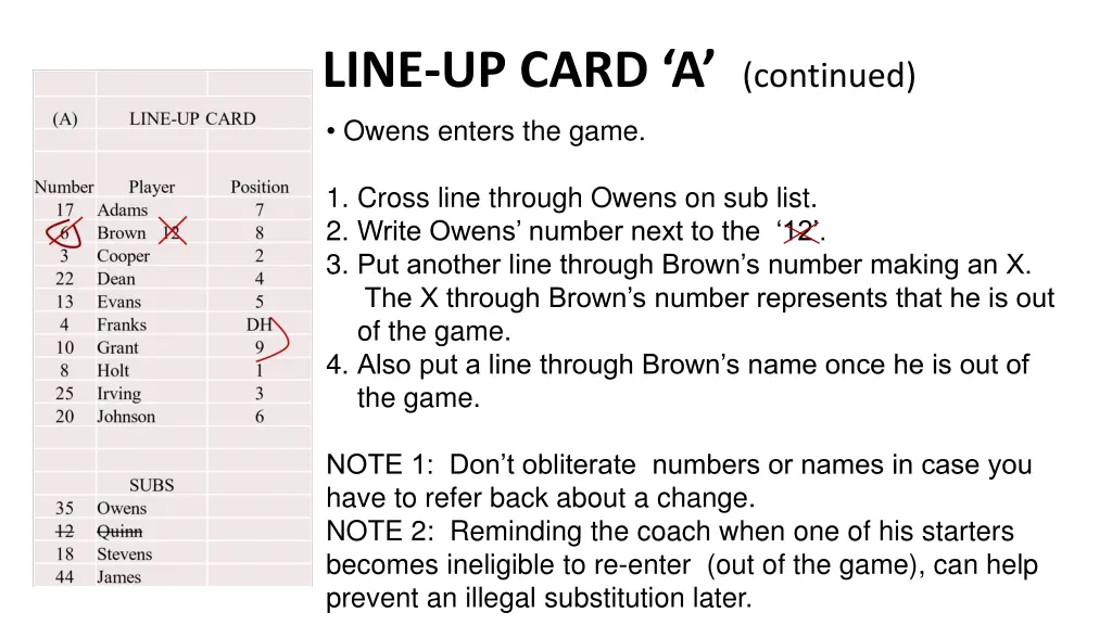 line up card a continued owens enters the game