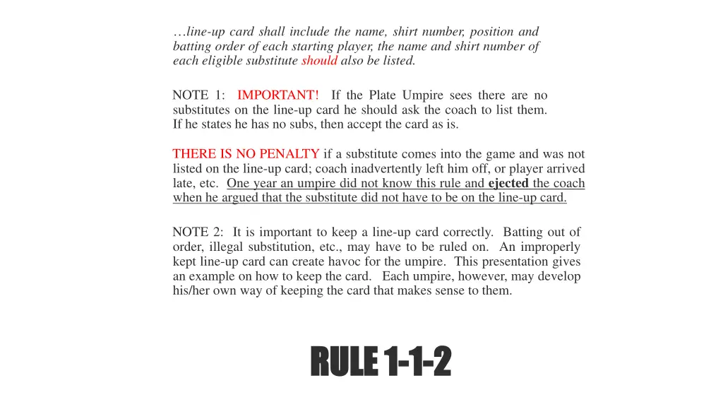 line up card shall include the name shirt number