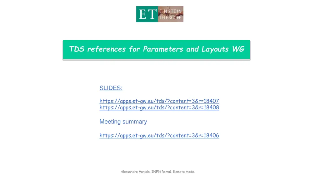 tds references for parameters and layouts wg