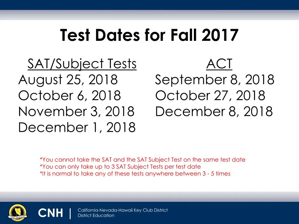 test dates for fall 2017