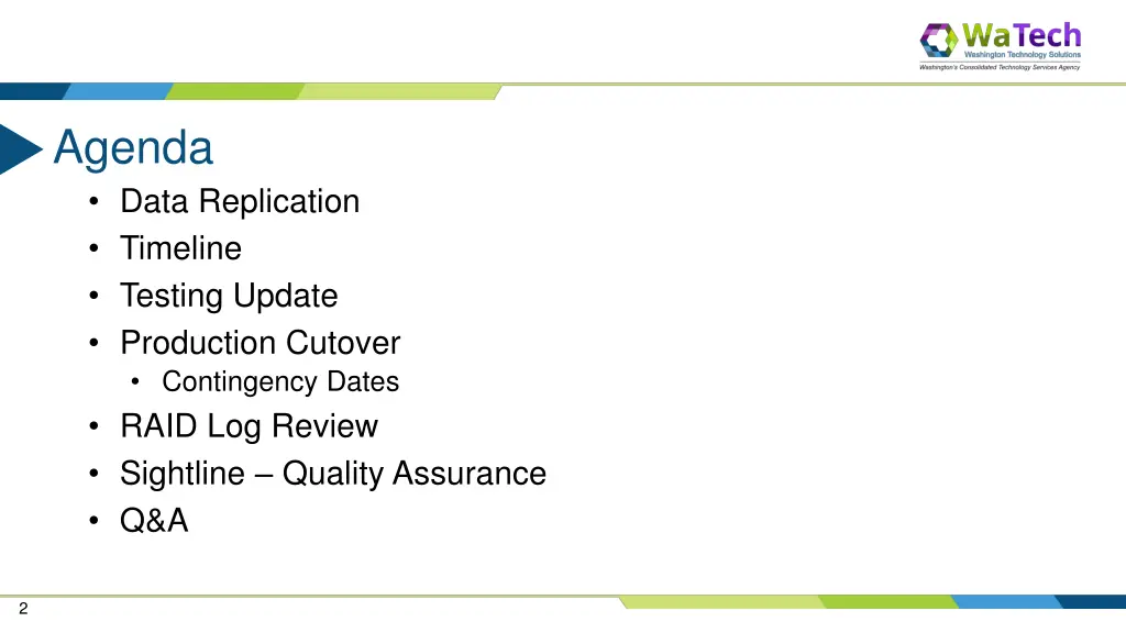 agenda data replication timeline testing update