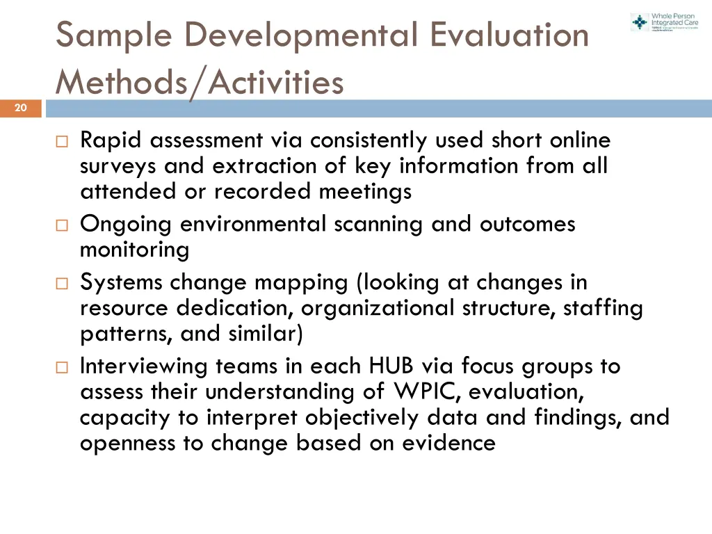 sample developmental evaluation methods activities