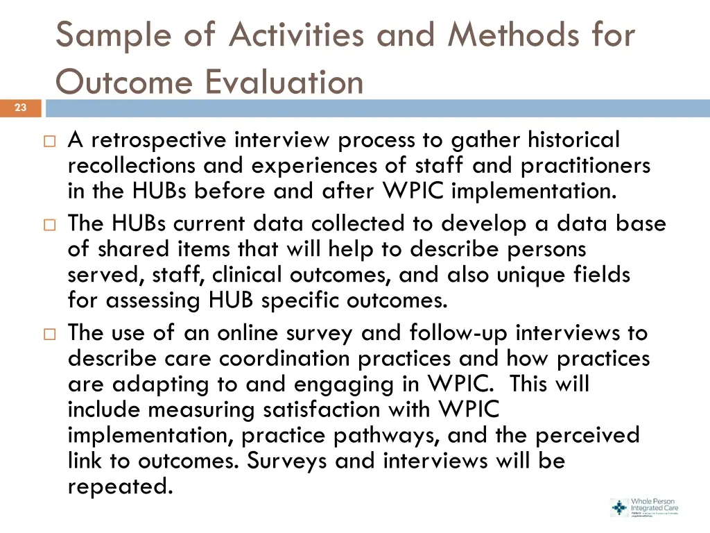 sample of activities and methods for outcome