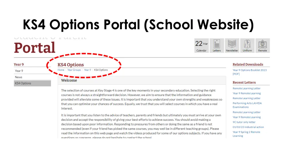 ks4 options portal school website