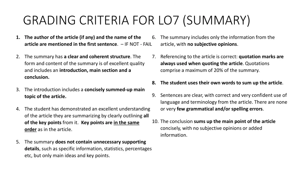 grading criteria for lo7 summary