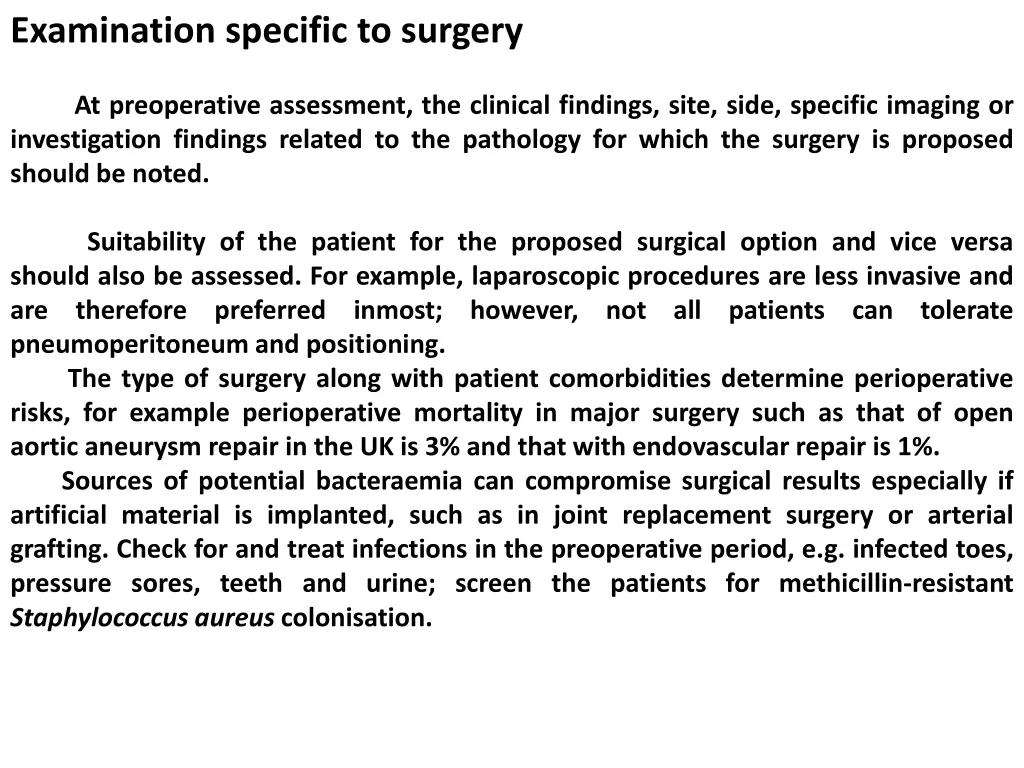 examination specific to surgery