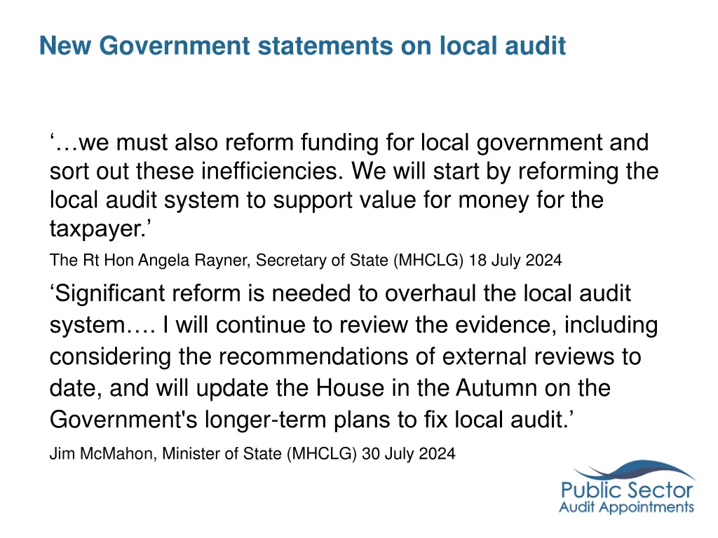 new government statements on local audit
