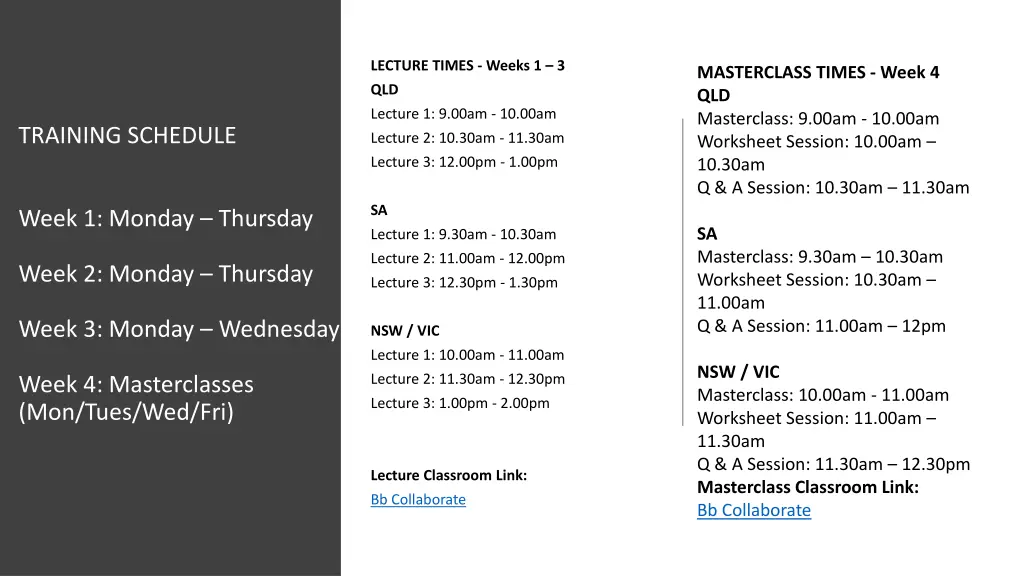 lecture times weeks 1 3