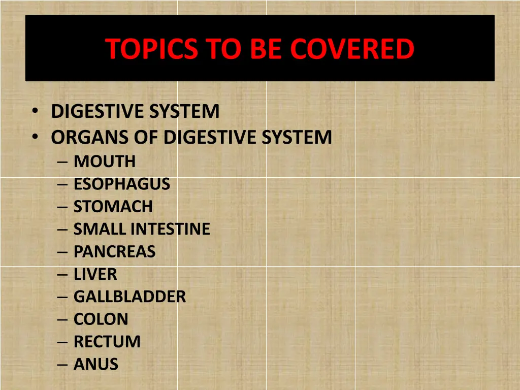 topics to be covered