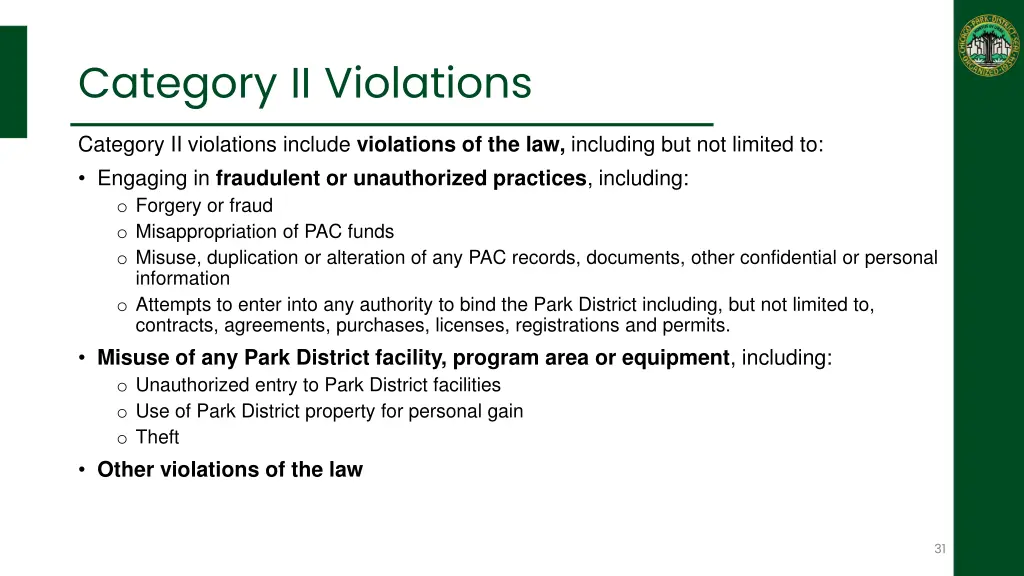 category ii violations