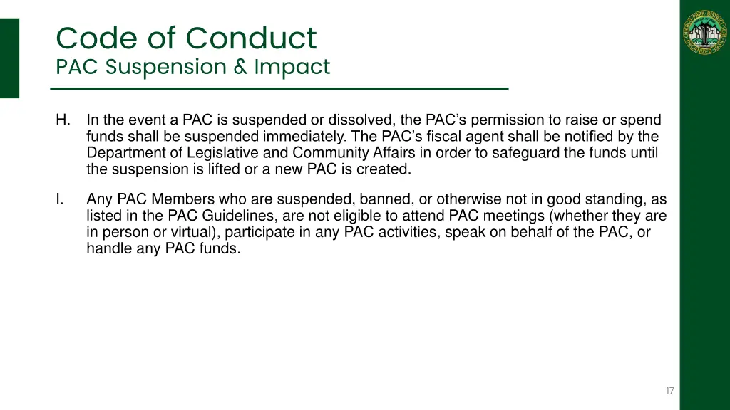 code of conduct pac suspension impact