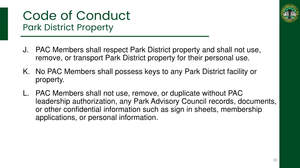 code of conduct park district property