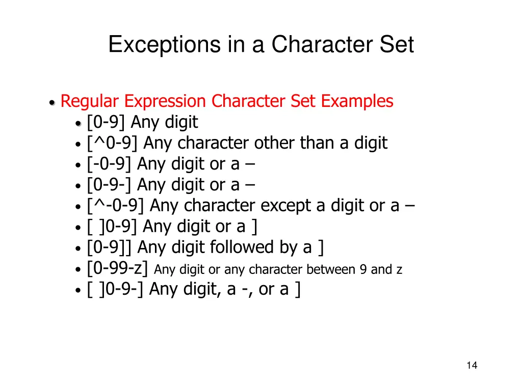 exceptions in a character set 1