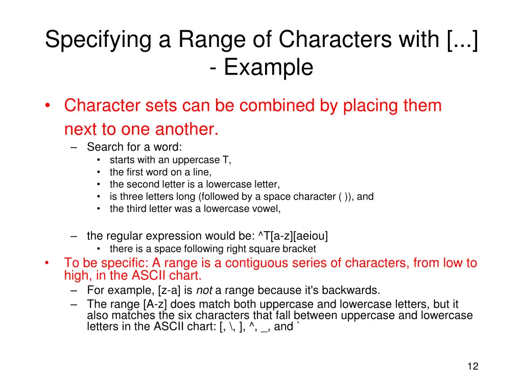 specifying a range of characters with example