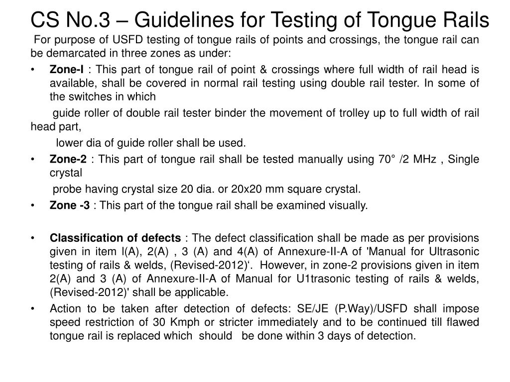 cs no 3 guidelines for testing of tongue rails