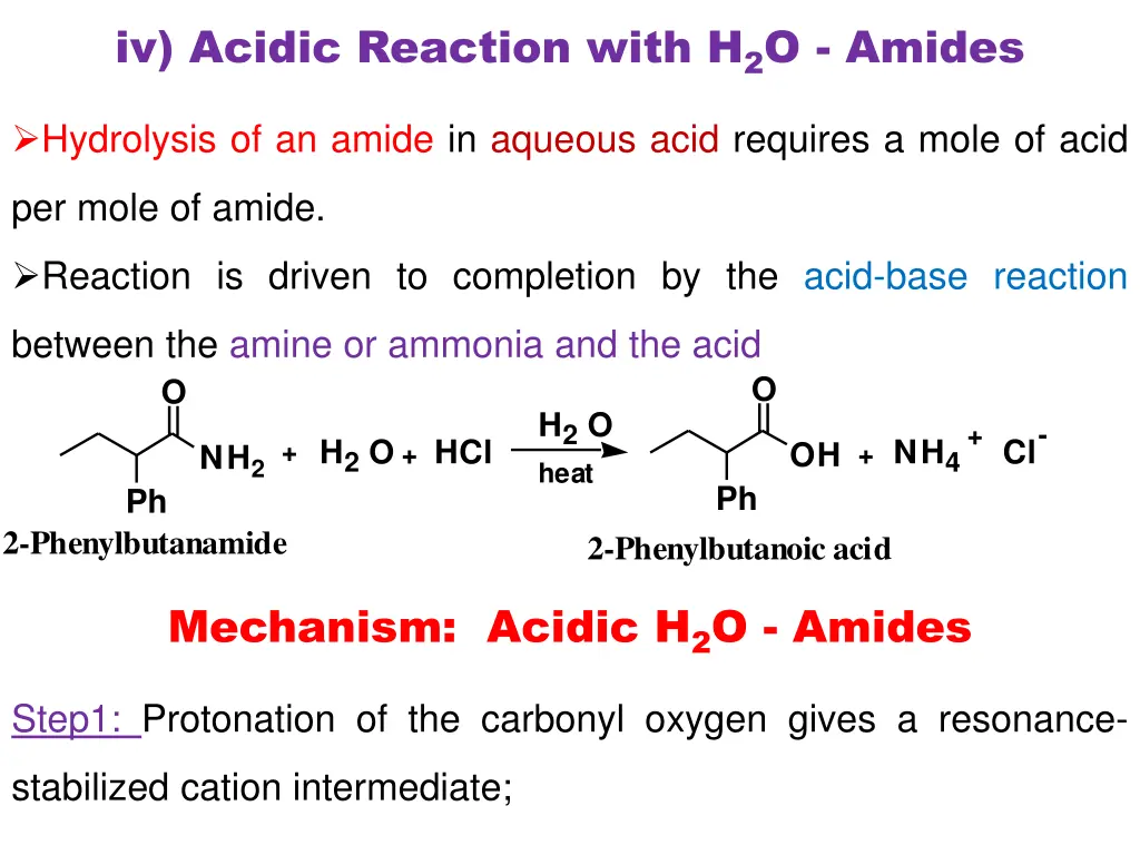 iv acidic reaction with h 2 o amides