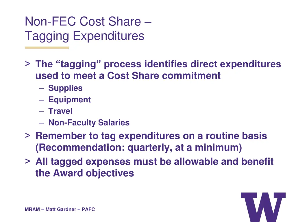 non fec cost share tagging expenditures