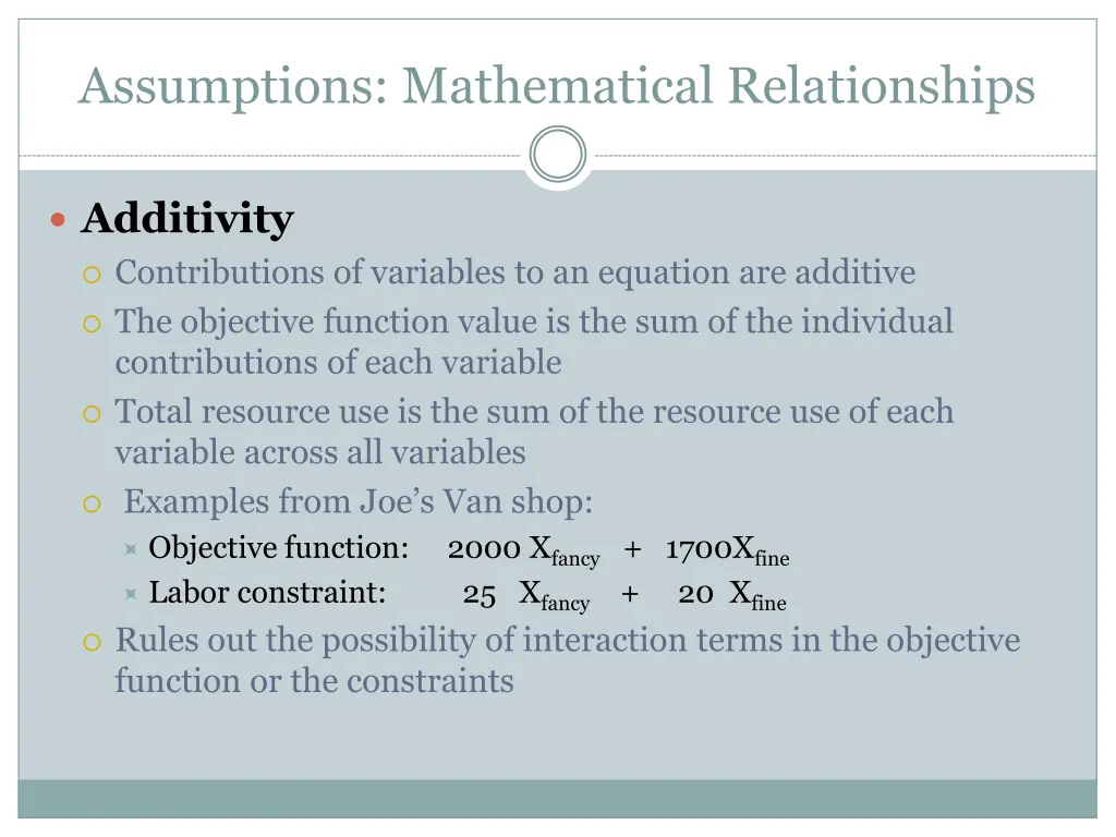 assumptions mathematical relationships 1