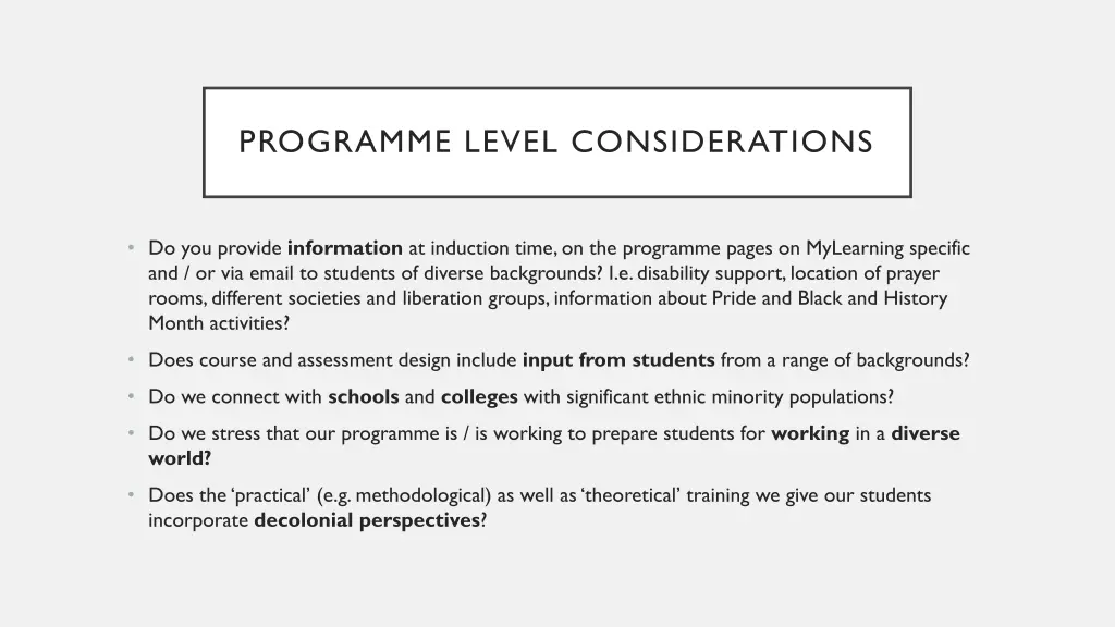 programme level considerations