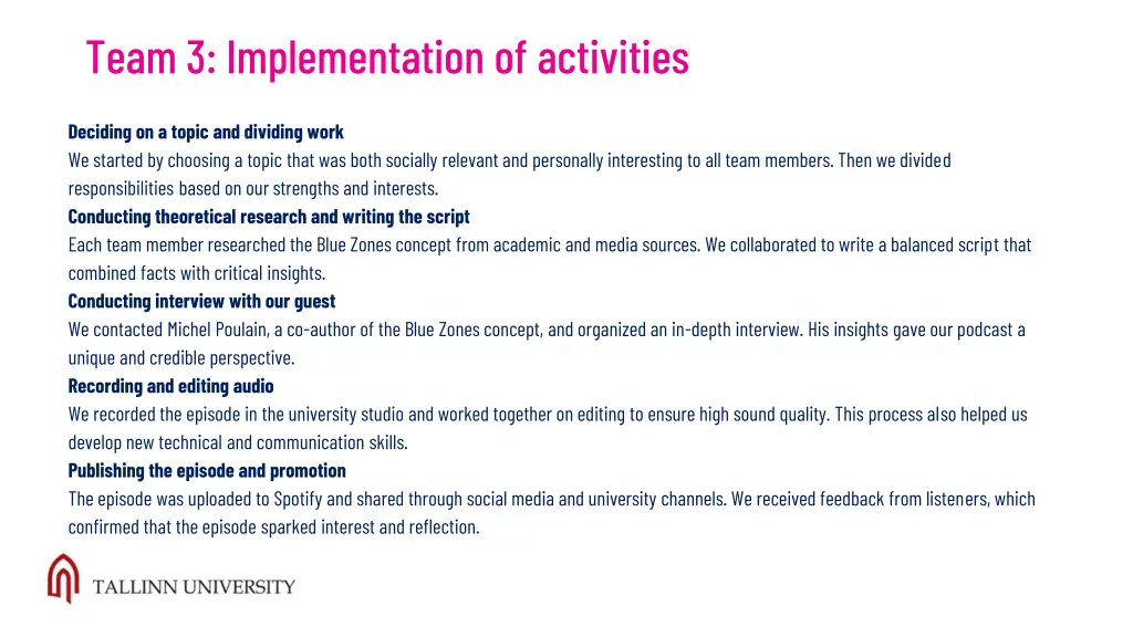 team 3 implementation of activities