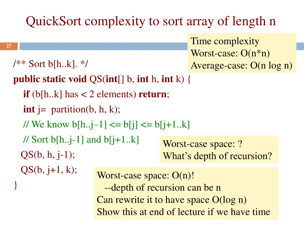 quicksort complexity to sort array of length n
