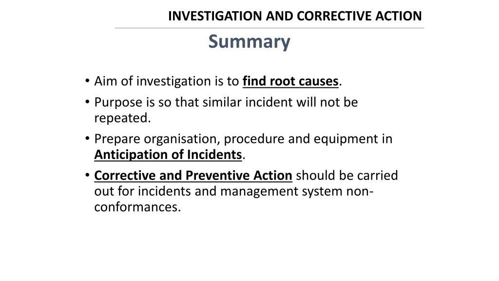 investigation and corrective action summary