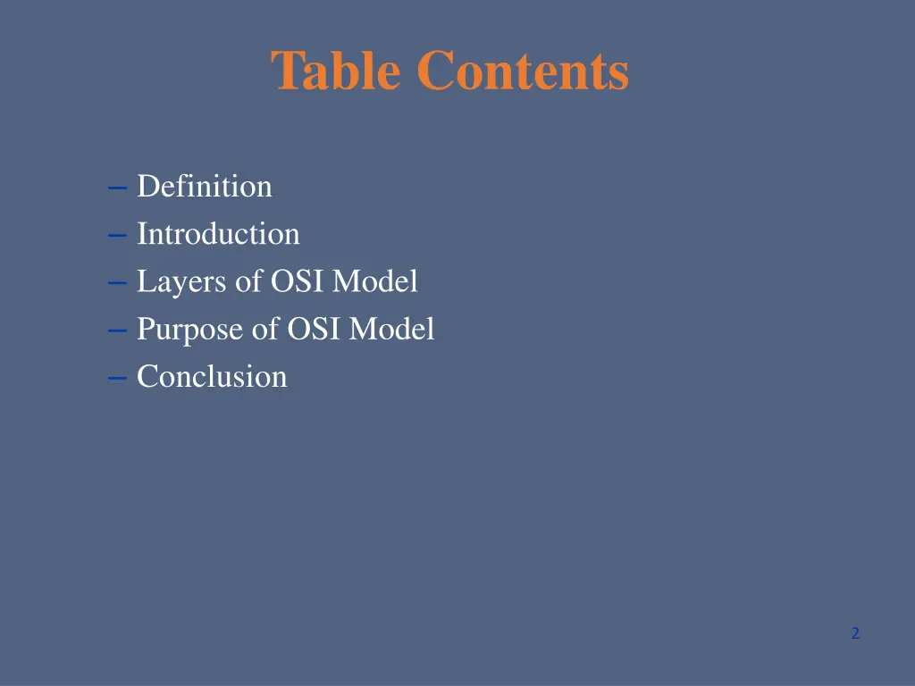 table contents
