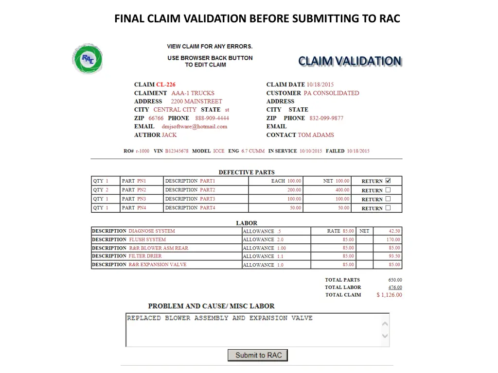 final claim validation before submitting to rac