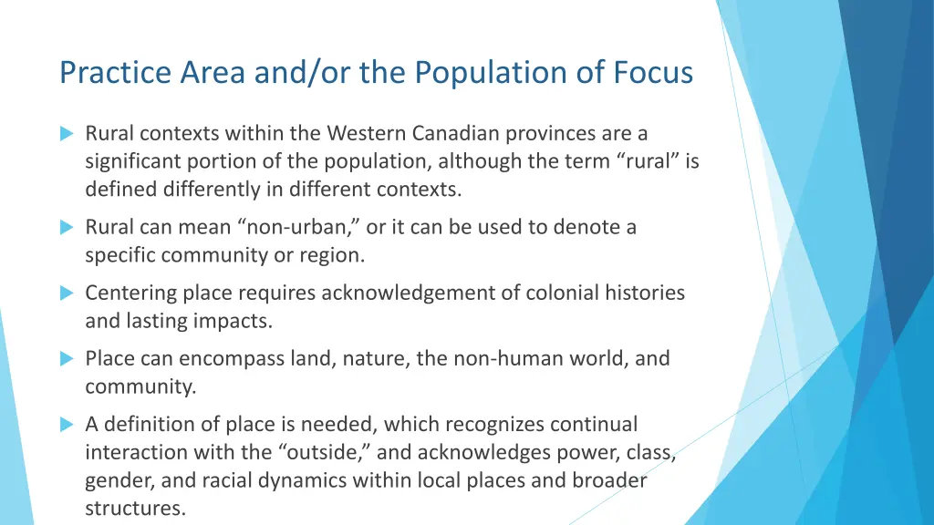 practice area and or the population of focus