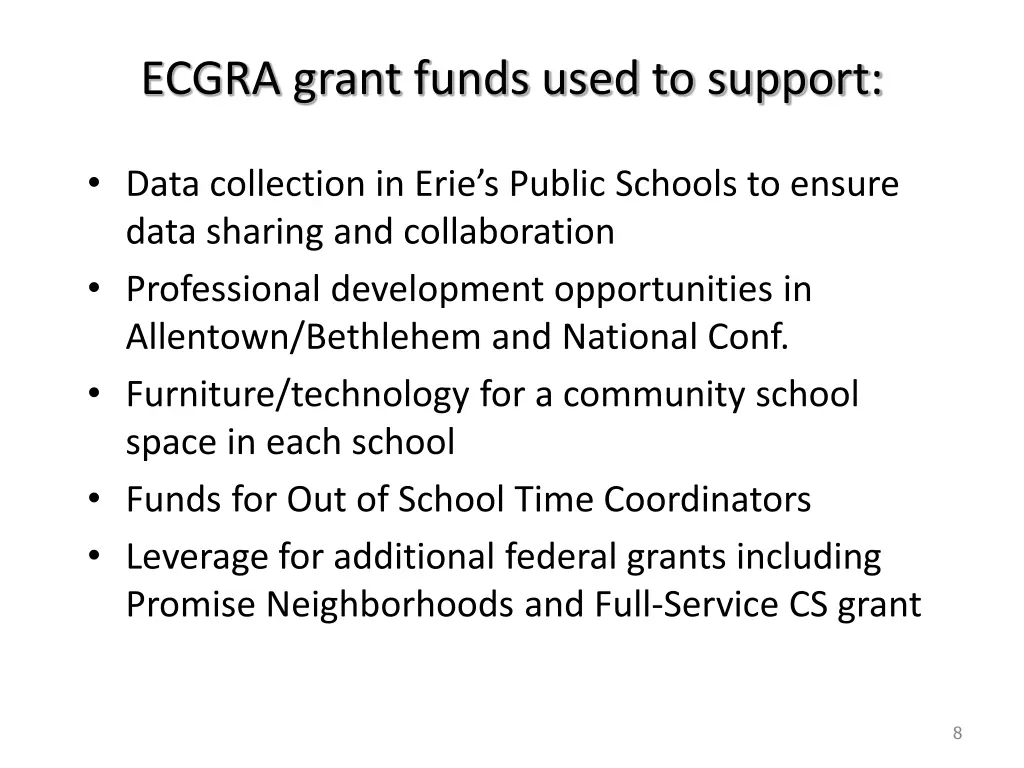 ecgra grant funds used to support